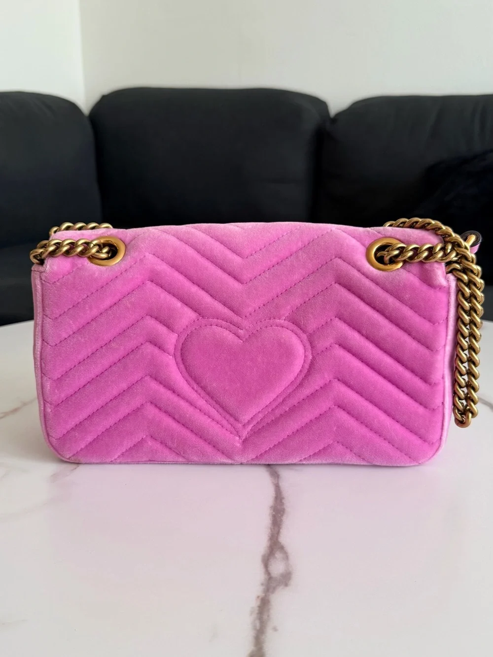 Gucci GG Marmont Pink Velvet Crystal Embellished Shoulder Bag
